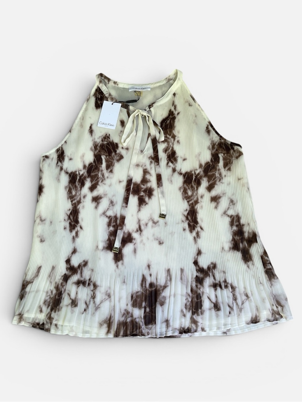 Calvin Klein Micro-Pleated Chiffon Halter Neck Blouse in Marble Print Size M NWT